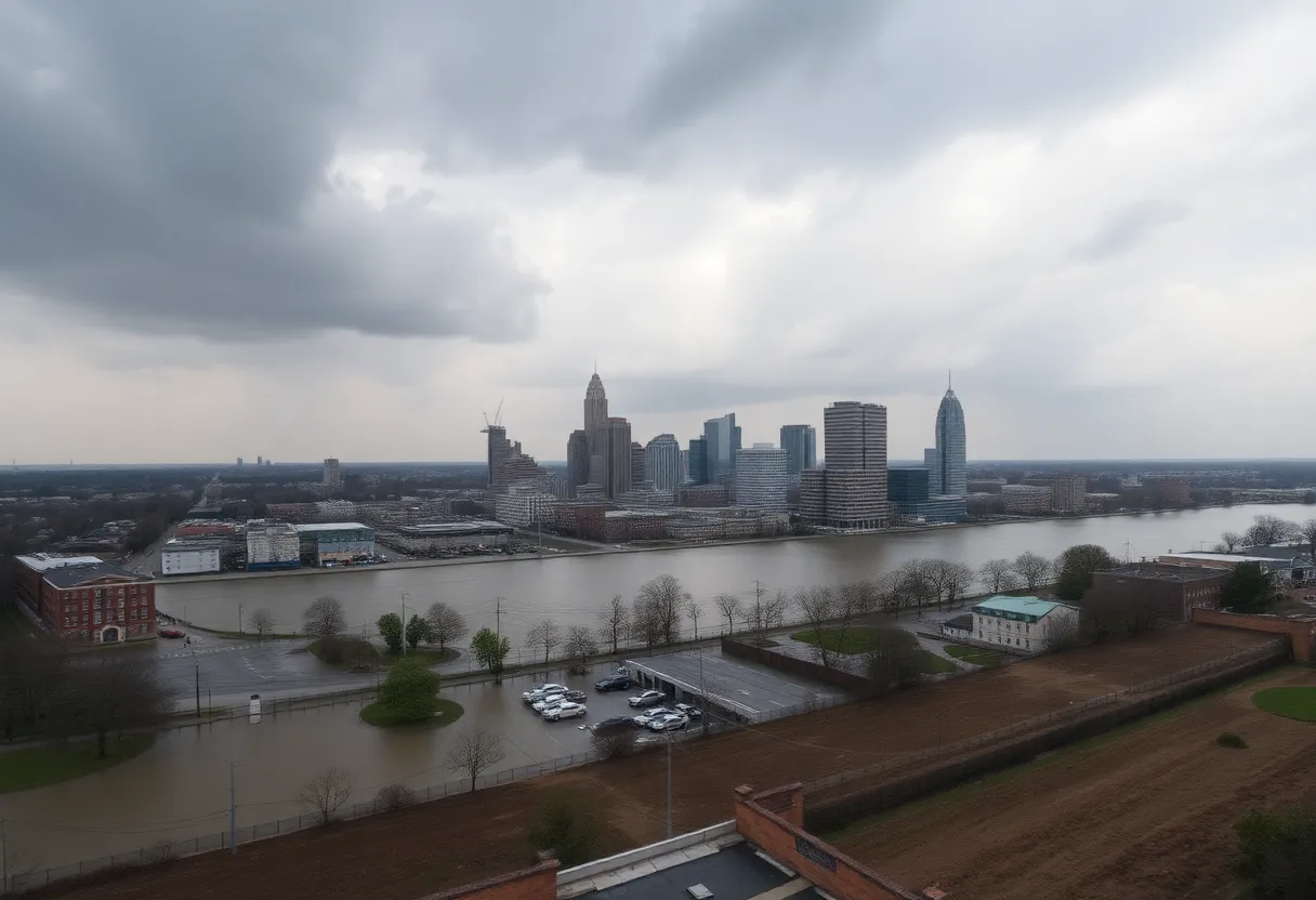 Memphis cityscape affected by flooding with stormy weather.