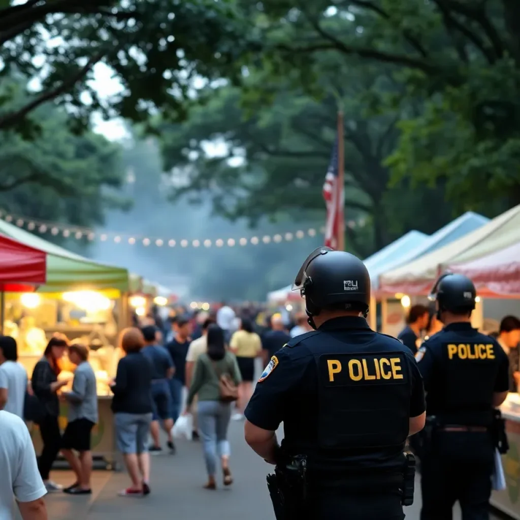 Crowd enjoying the Memphis Food Festival at Tom Lee Park with police in the background