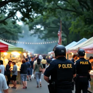 Crowd enjoying the Memphis Food Festival at Tom Lee Park with police in the background