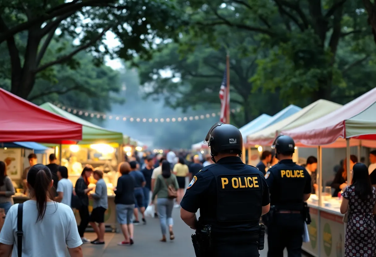 Crowd enjoying the Memphis Food Festival at Tom Lee Park with police in the background