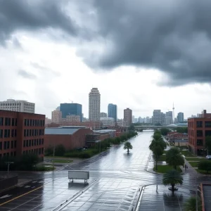 A flooded street in Memphis during record rainfall.