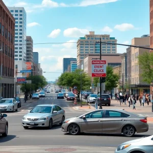 View of a busy parking lot at Beale and South Main Streets in Memphis