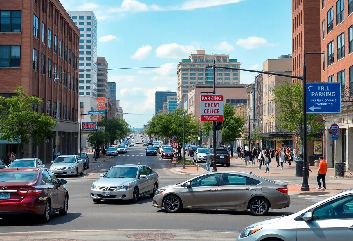 View of a busy parking lot at Beale and South Main Streets in Memphis
