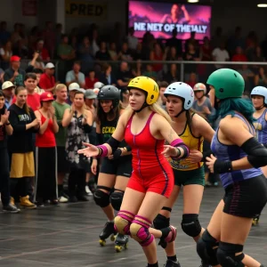Skaters in colorful uniforms competing at the Memphis Roller Derby season opener.