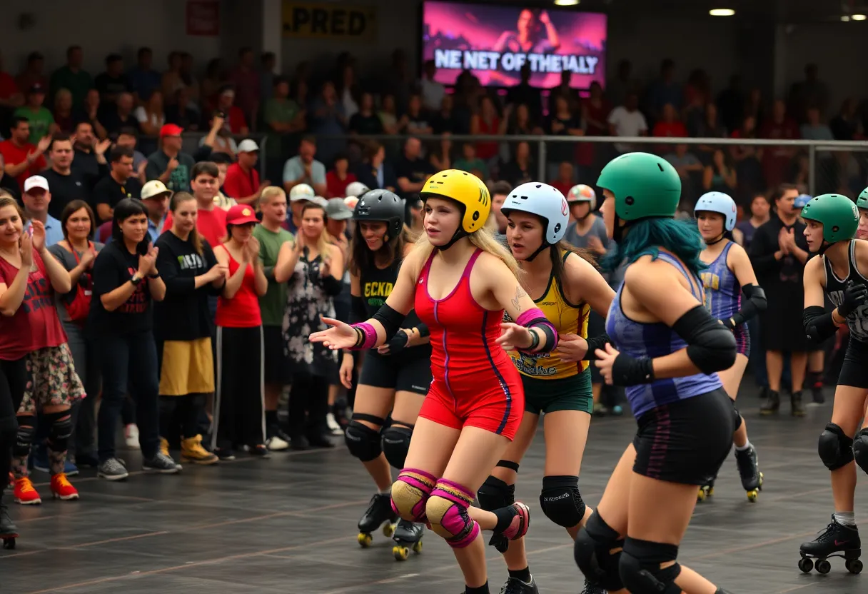 Skaters in colorful uniforms competing at the Memphis Roller Derby season opener.
