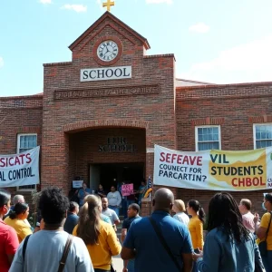 A Memphis school building with community members