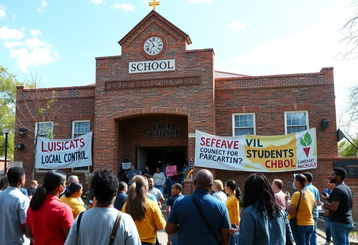 A Memphis school building with community members