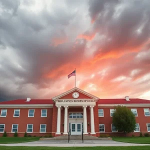 Illustration of a symbolic school building under stormy skies representing education reform in Memphis.