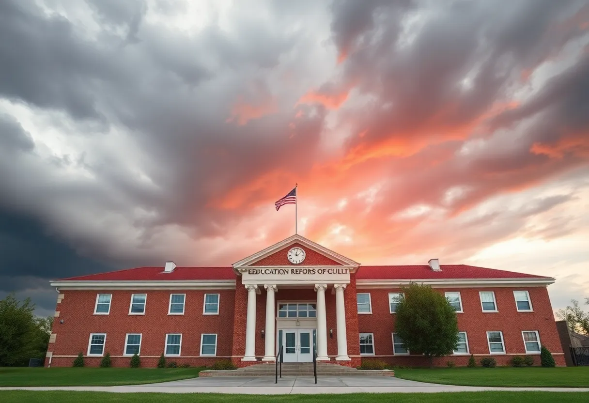 Illustration of a symbolic school building under stormy skies representing education reform in Memphis.