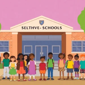 Illustration of students in front of a school building in Memphis, symbolizing concern over proposed school takeover.