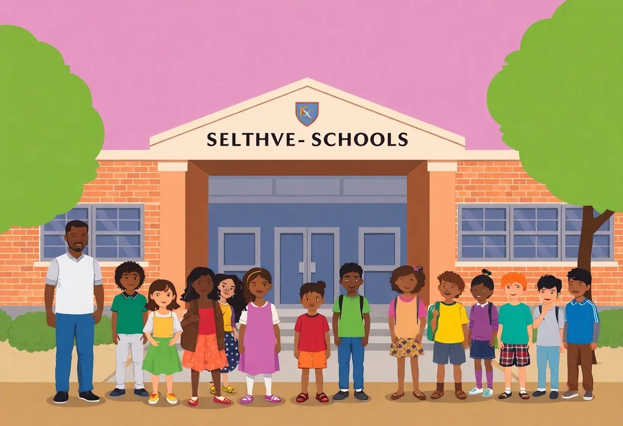 Illustration of students in front of a school building in Memphis, symbolizing concern over proposed school takeover.
