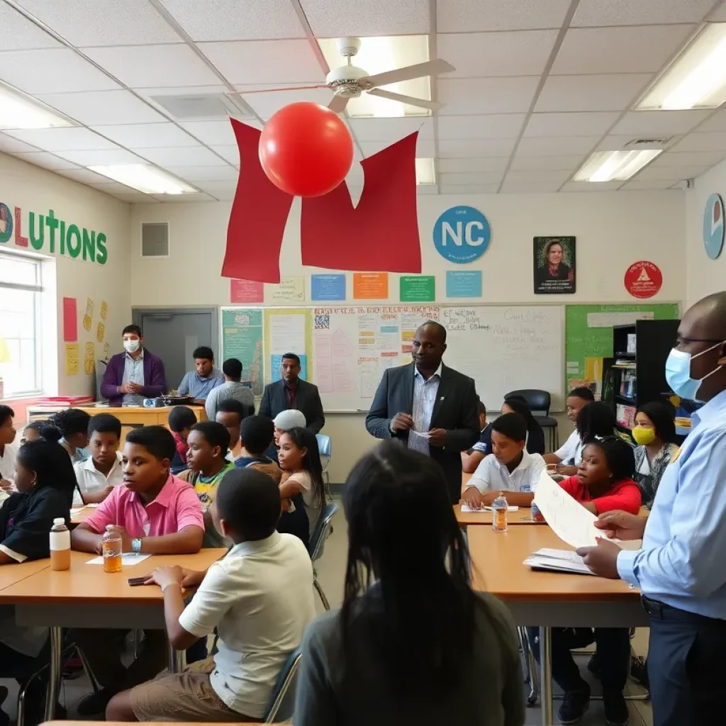 Students and a parent in a classroom discussing education
