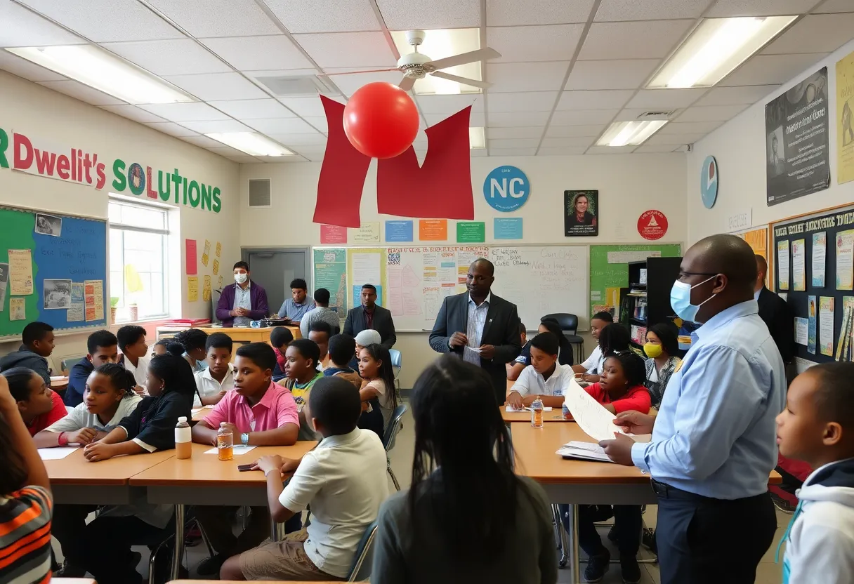 Students and a parent in a classroom discussing education