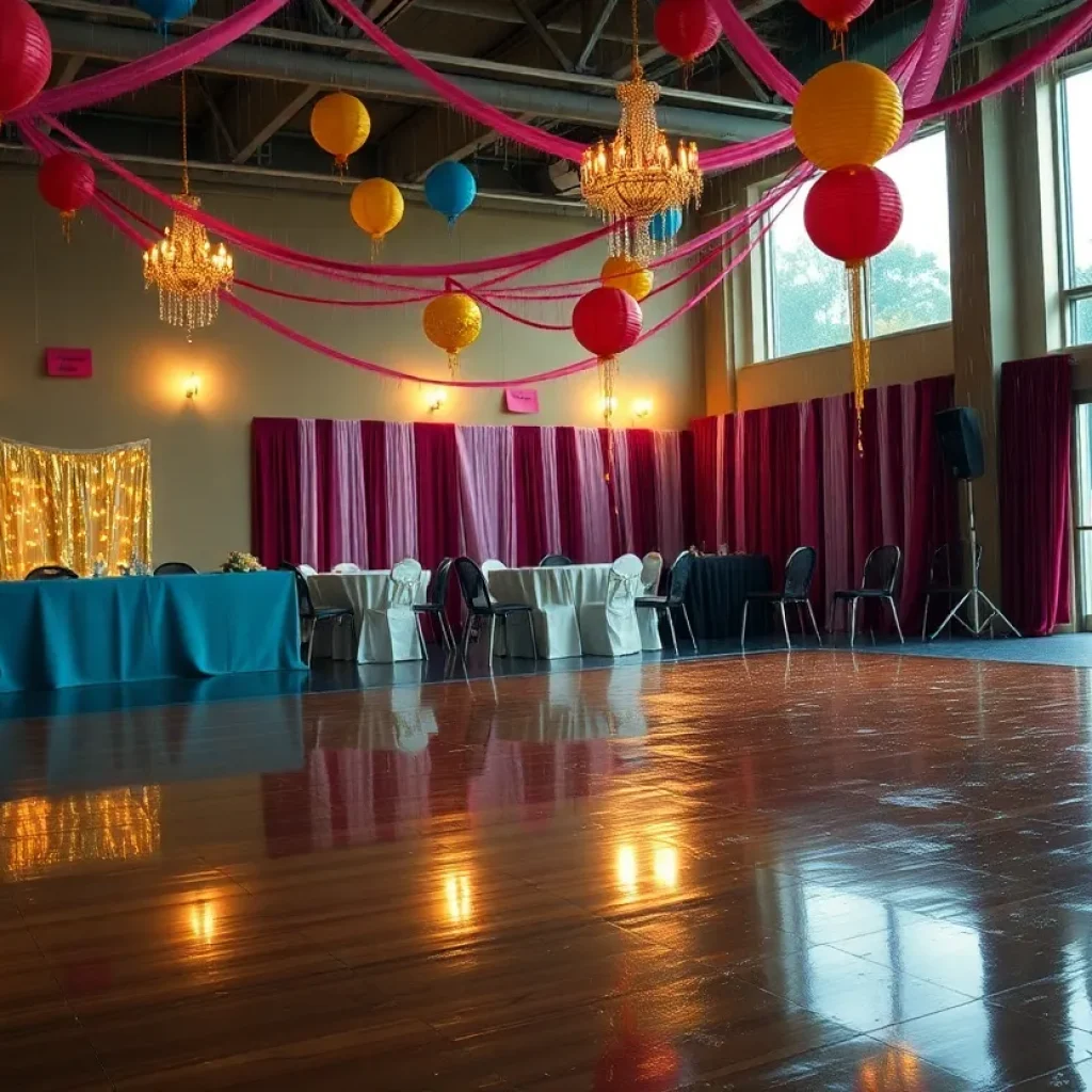 Empty prom venue with rain outside, symbolizing postponed events