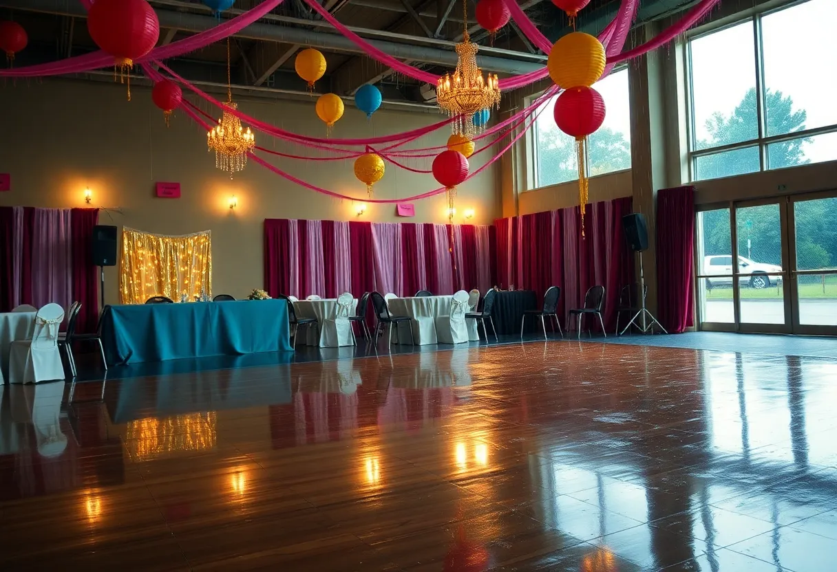 Empty prom venue with rain outside, symbolizing postponed events