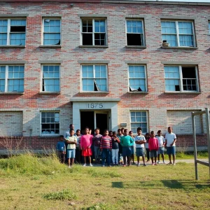 Neglected school building in Memphis with broken windows