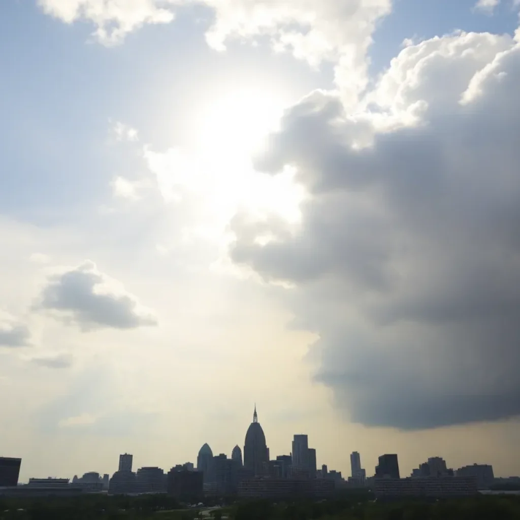 A skyline view of Memphis showing a mix of sunny and cloudy skies