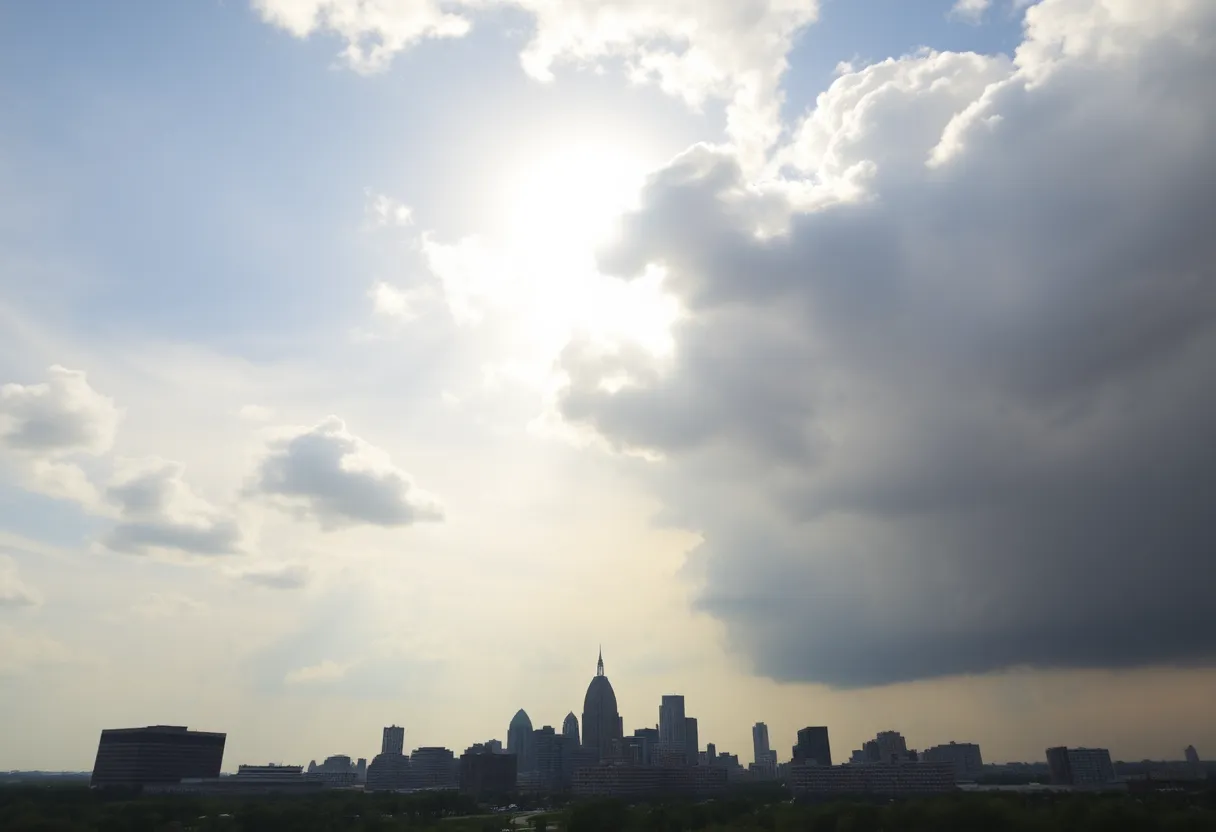 A skyline view of Memphis showing a mix of sunny and cloudy skies