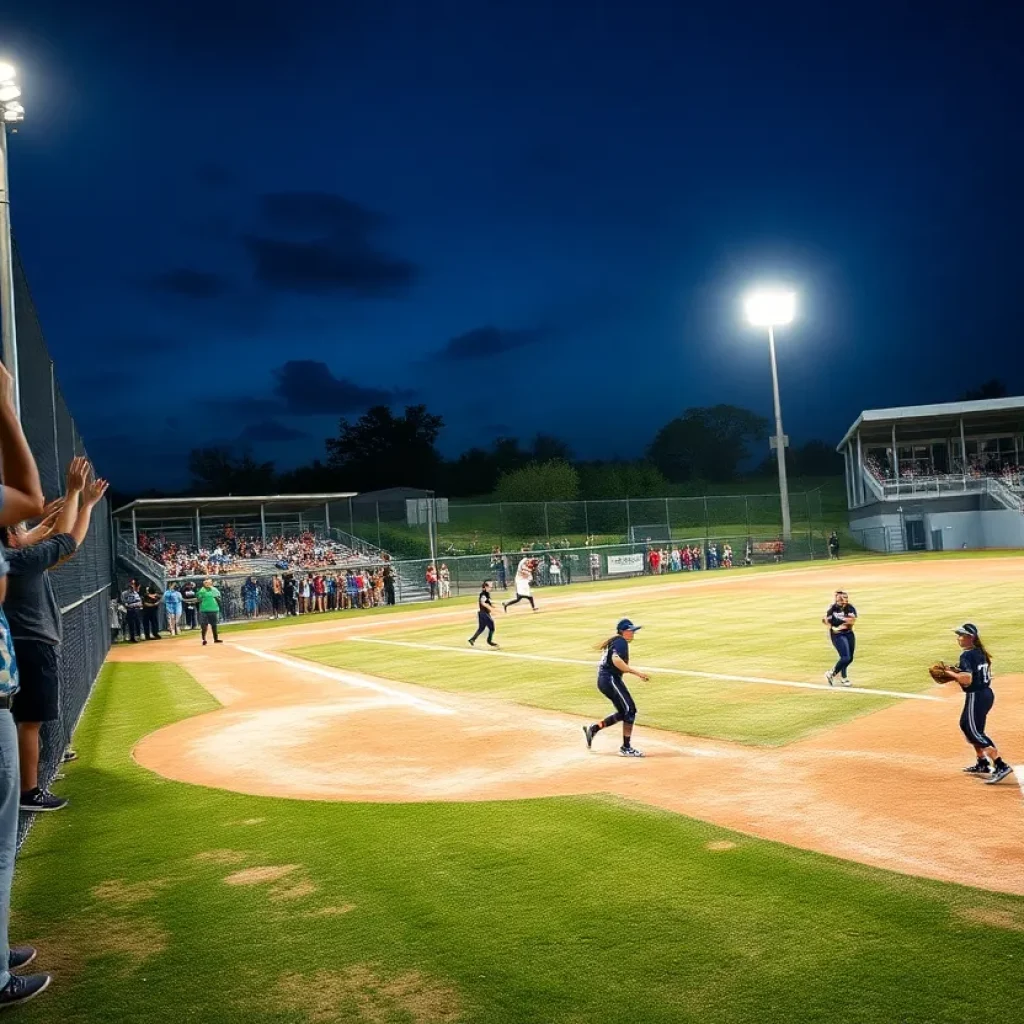Action shot of Memphis softball game at the Tiger Softball Complex