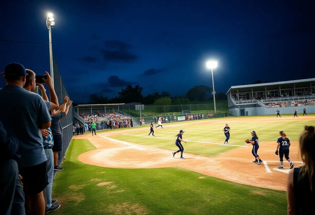 Action shot of Memphis softball game at the Tiger Softball Complex