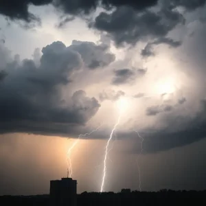 Dark storm clouds gathering over Memphis city skyline