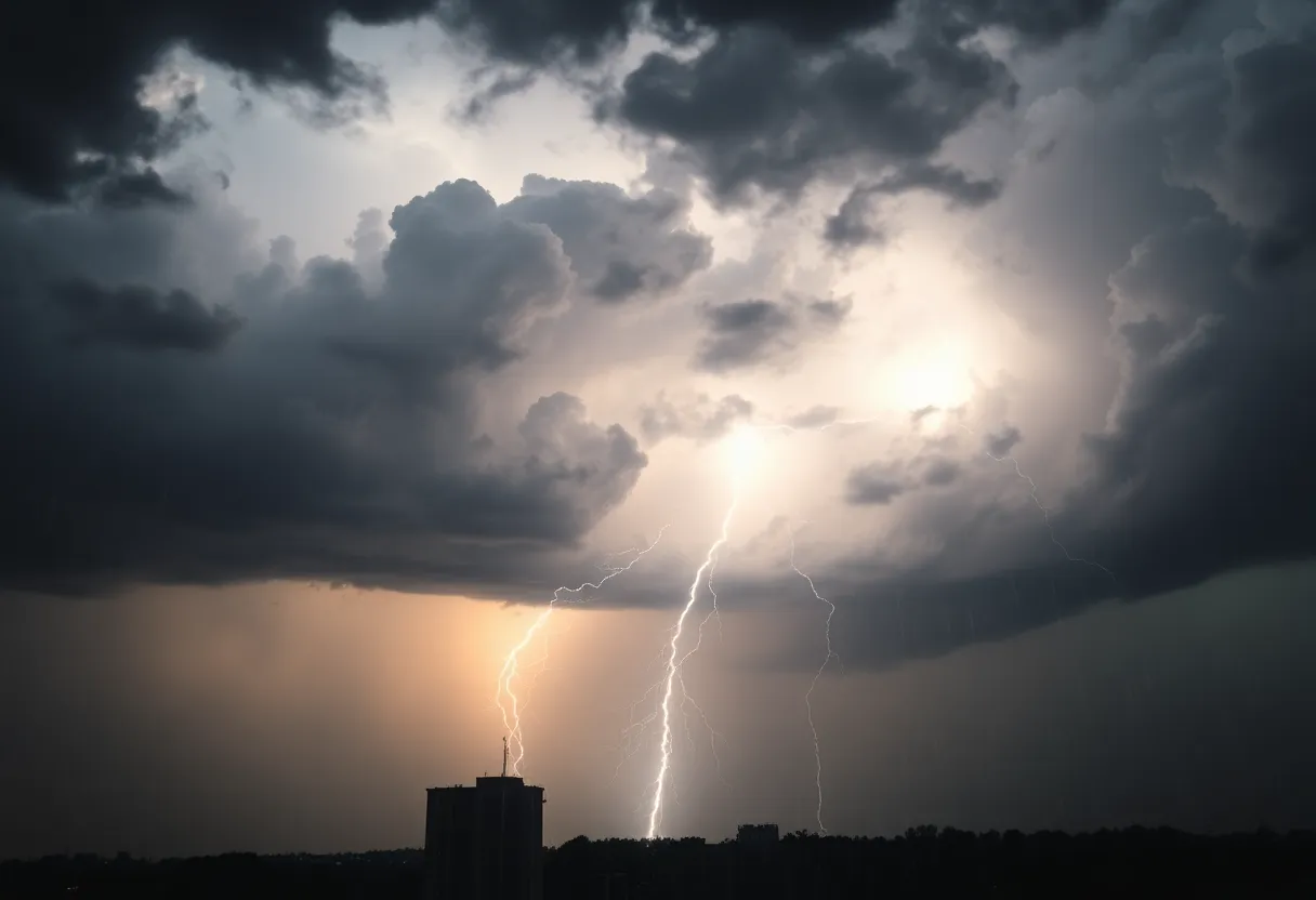 Dark storm clouds gathering over Memphis city skyline