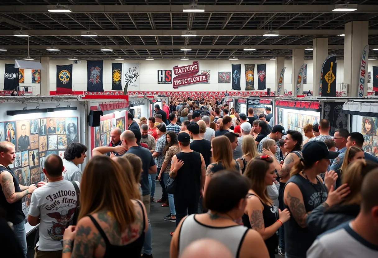 Vibrant scene from the Memphis Tattoo Festival with artists and attendees enjoying the event.