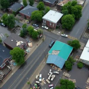 Aerial view showing flooding and destruction due to severe weather in Memphis