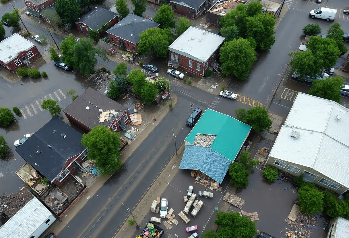 Aerial view showing flooding and destruction due to severe weather in Memphis