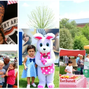 A collage representing various weekend events in Memphis, including tattoo festival, Easter Bunny photos, and farmers market.