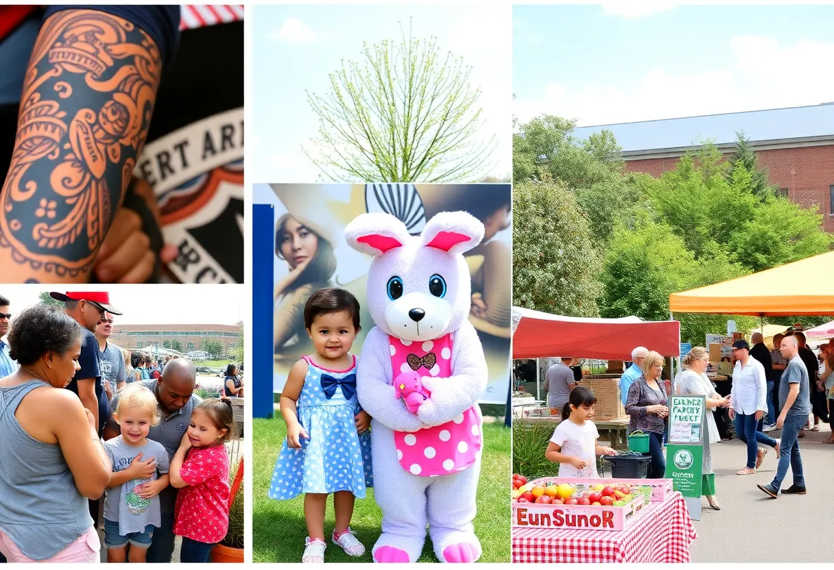 A collage representing various weekend events in Memphis, including tattoo festival, Easter Bunny photos, and farmers market.