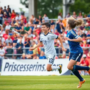 Young soccer player celebrating a goal with a cheering crowd