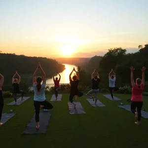 Participants practicing outdoor yoga at River Garden by the Mississippi River.