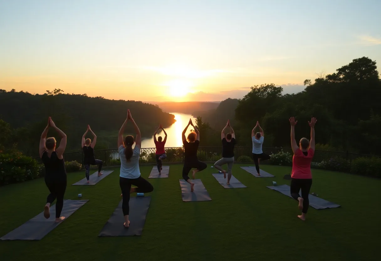 Participants practicing outdoor yoga at River Garden by the Mississippi River.
