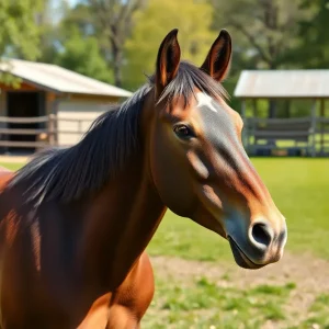 A brown horse named Pancho in a green pasture