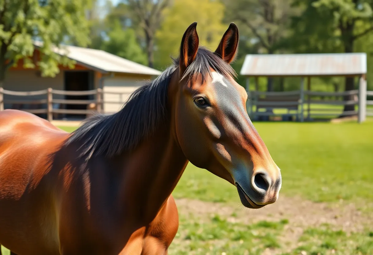 A brown horse named Pancho in a green pasture