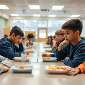 Students in a school cafeteria showing concern after an incident