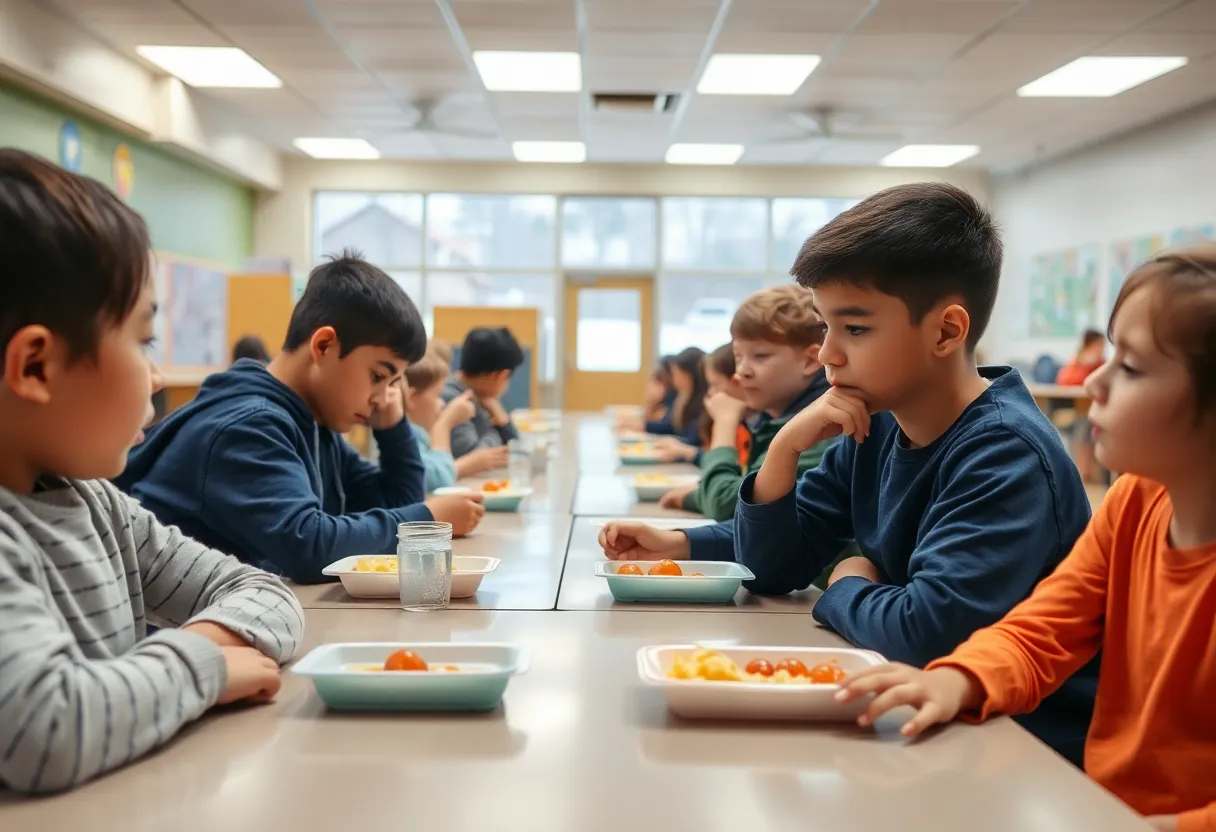 Students in a school cafeteria showing concern after an incident
