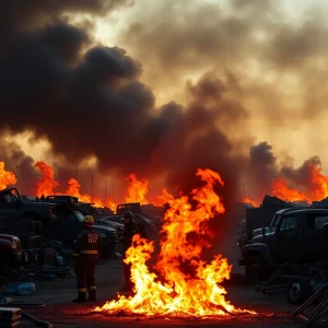 Firefighters battling a scrapyard fire in South Memphis with dark smoke in the background
