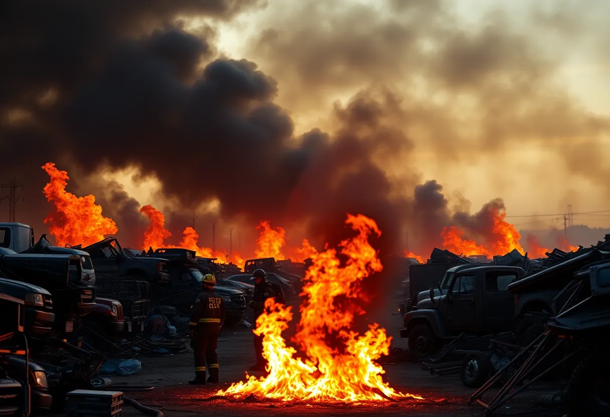 Firefighters battling a scrapyard fire in South Memphis with dark smoke in the background