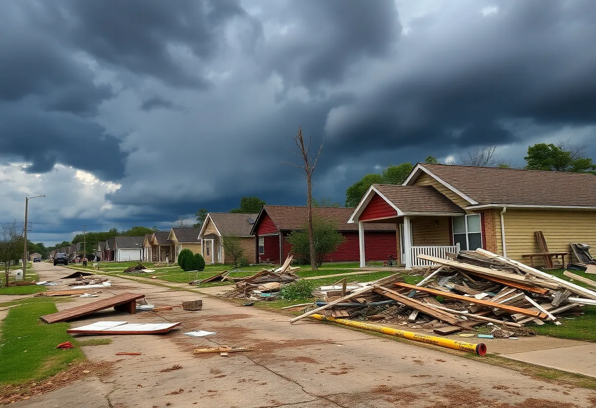 Devastation from severe storms with debris and damaged homes