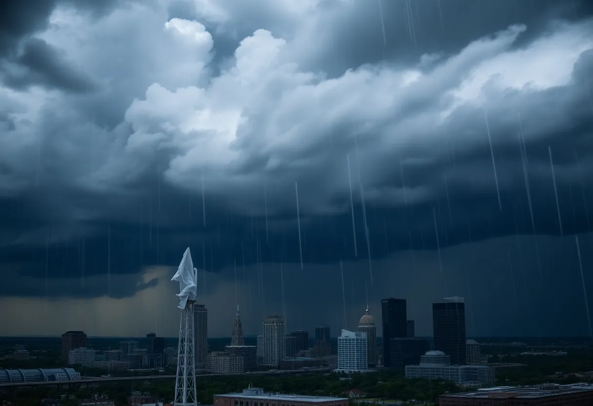 Severe thunderstorm clouds over Memphis with rain