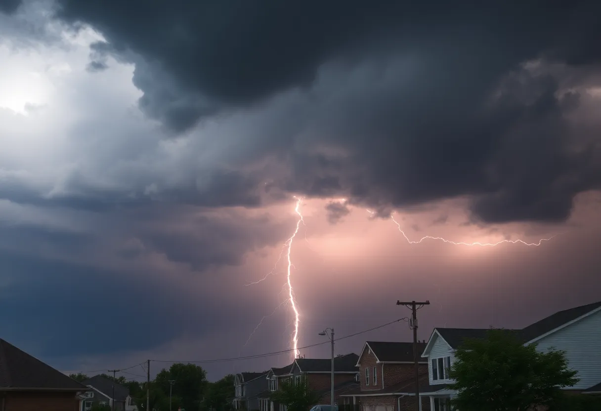 Dark storm clouds over an urban area during severe weather