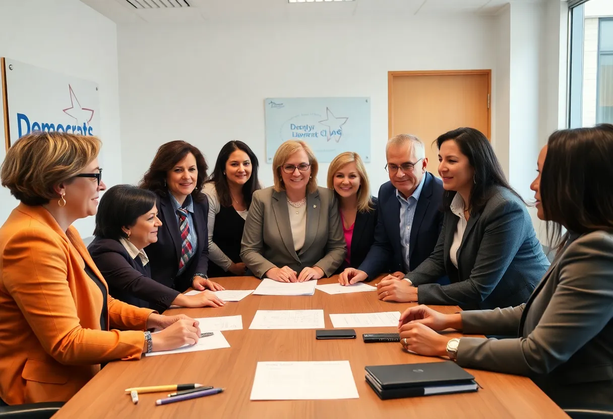 Diverse group of Democrats in a meeting discussing party strategies