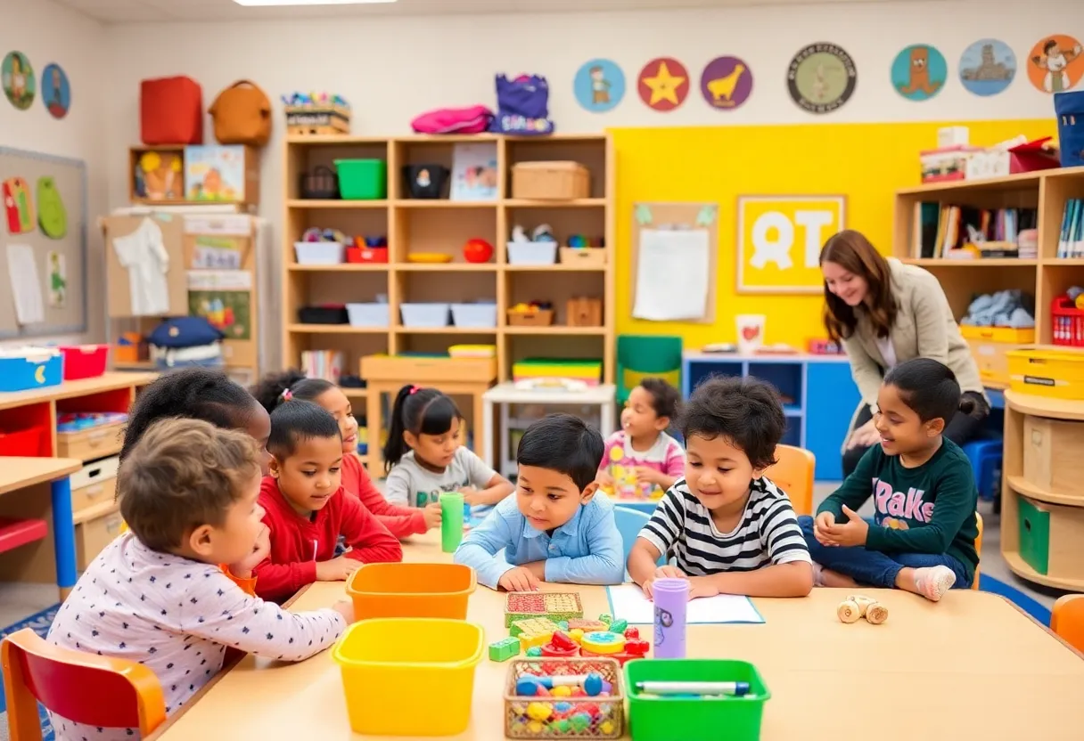 Children engaged in early childhood education activities in a lively pre-K classroom.