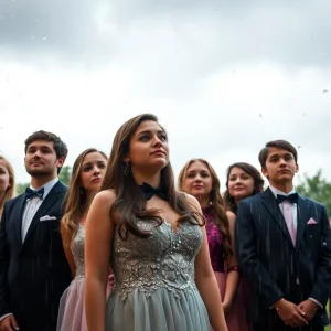 High school students in formal wear during rainfall