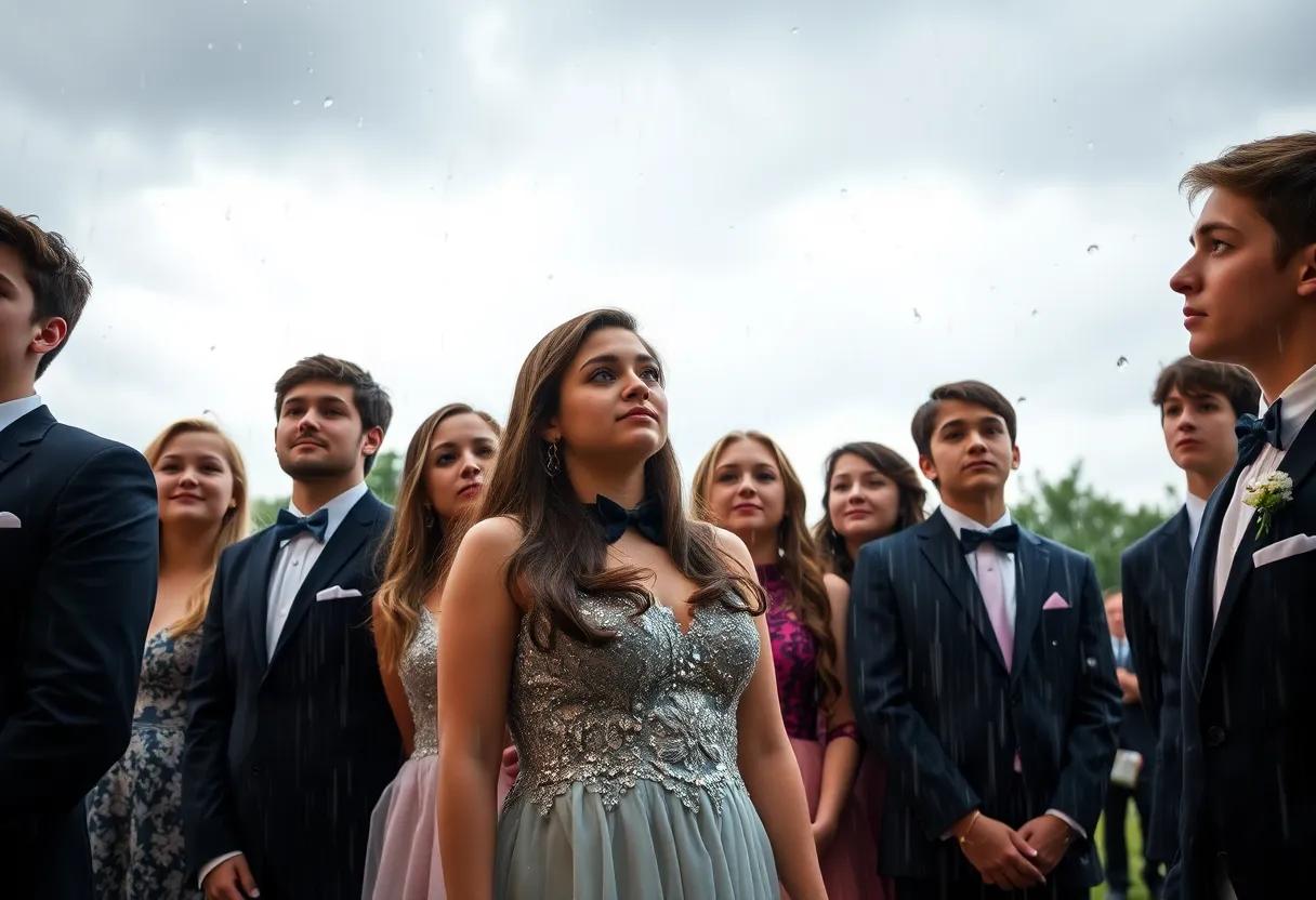 High school students in formal wear during rainfall