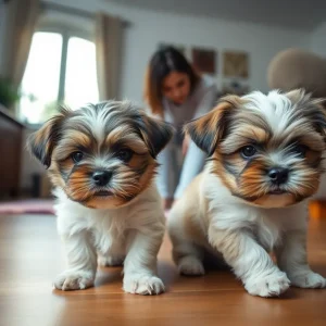 Two small Yorkie-Shih Tzu mix puppies looking sad