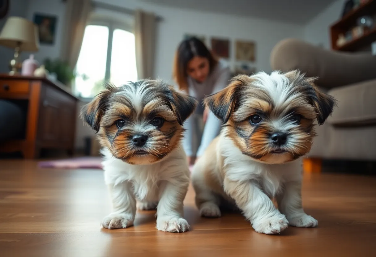 Two small Yorkie-Shih Tzu mix puppies looking sad