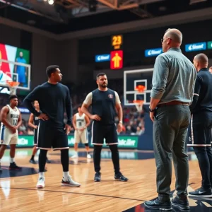 A basketball coach discussing strategy with players on the court